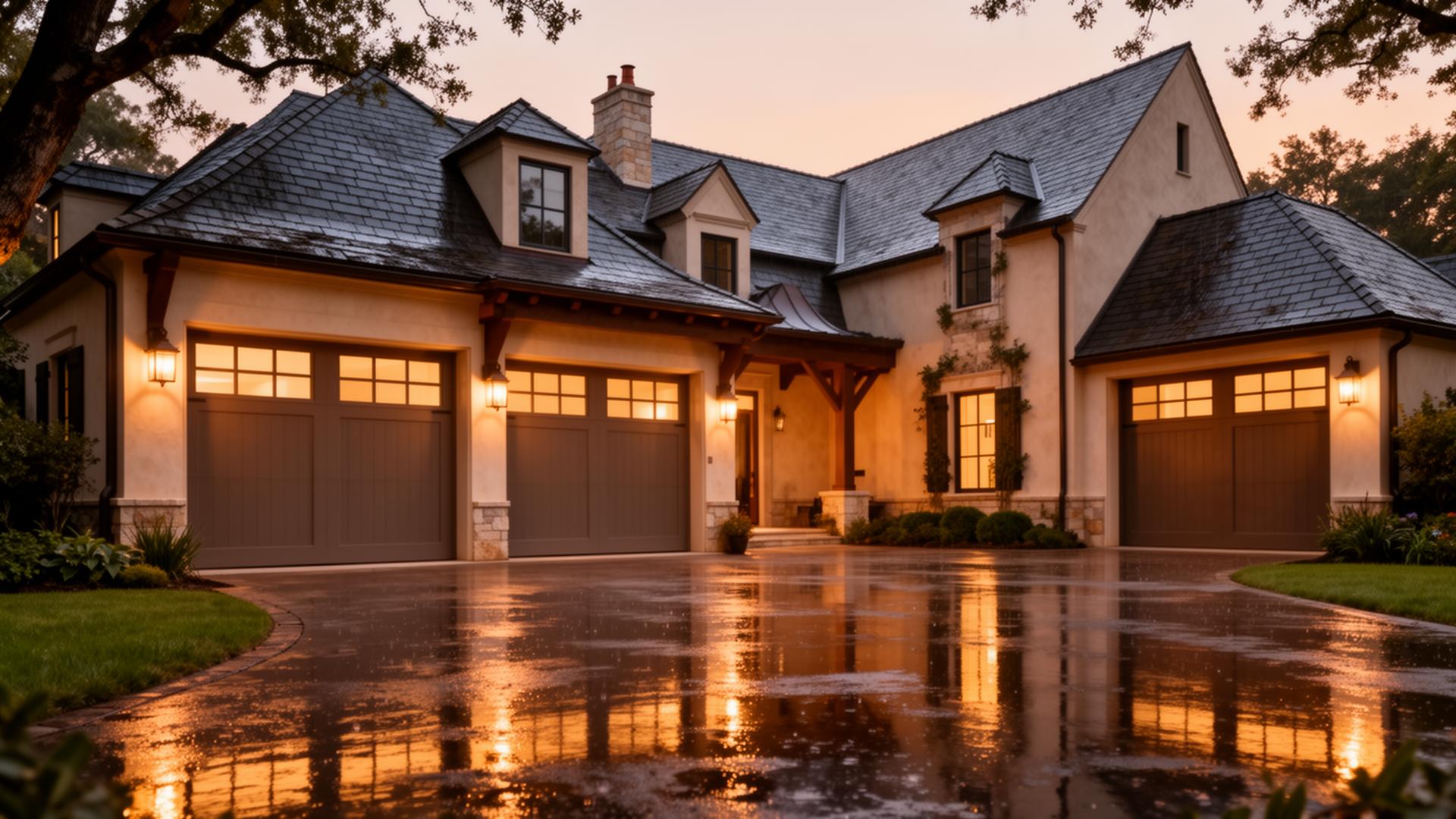 Beautiful French country estate with craftsman style garage doors featuring rectangular windows, photographed after rain with wet driveway reflections in Preston Connecticut