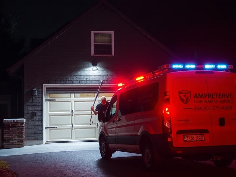 Emergency garage door repair service at night with service van and technician working on stuck door