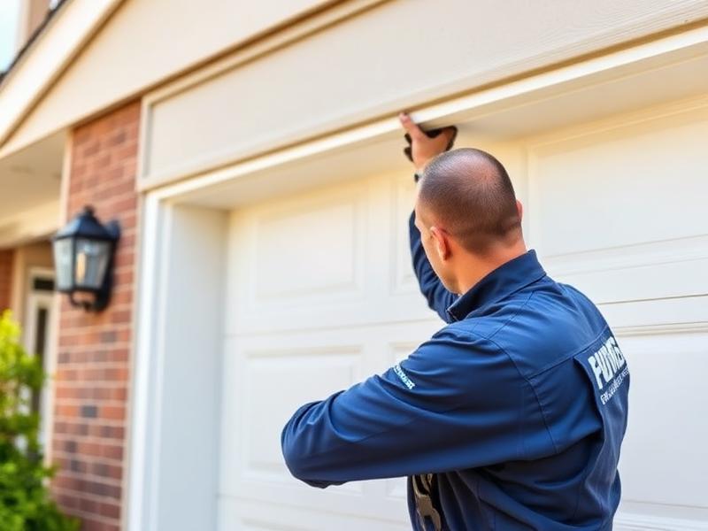 Professional installer mounting new garage door panel on residential home in Preston CT