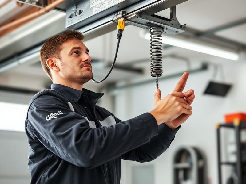 Technician performing garage door maintenance inspection checking springs and cables